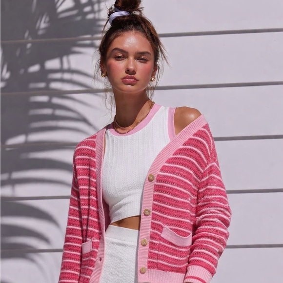 Beach Riot Sweaters - Beach Riot Gene Open Knit Cotton Cardigan Pink Stripe size XS